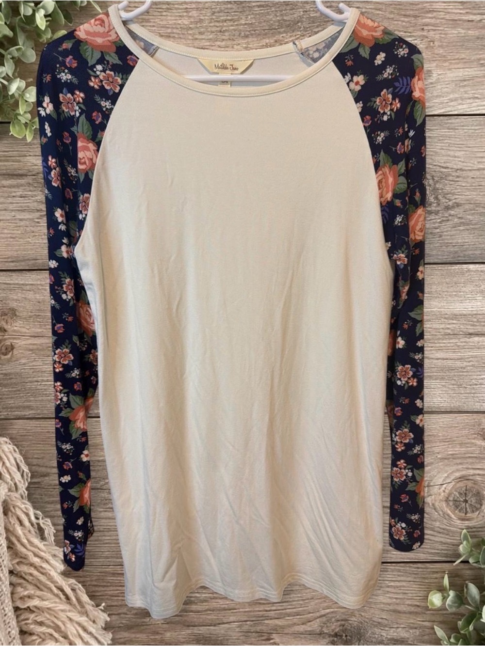 Matilda Jane Cream Raglan Tee with Navy Floral Sleeves